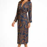 Persefone | Vestido Midi de Invitada de Boda con Mangas Largas y Estampado en V