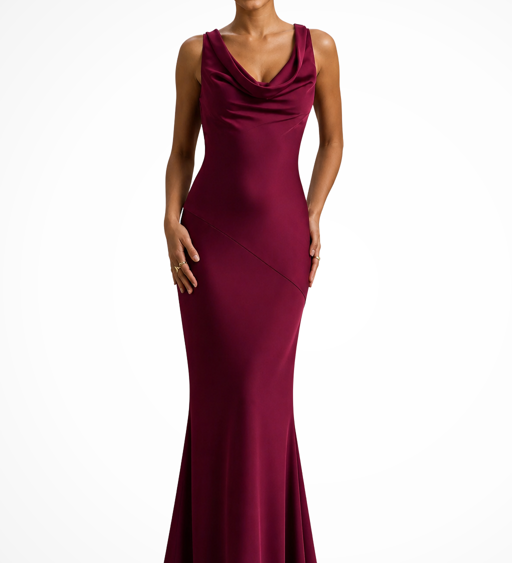 Isadora | Vestido maxi de satén para mujeres con cuello drapeado para invitados de boda