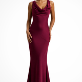 Isadora | Vestido maxi de satén para mujeres con cuello drapeado para invitados de boda