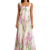 Genevieve | Vestido Maxi de Flores Plisado con Escote Cuadrado para Invitadas de Boda