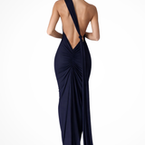 Floriana | Vestido maxi de competición de un solo hombro con espalda abierta y fruncido para mujeres
