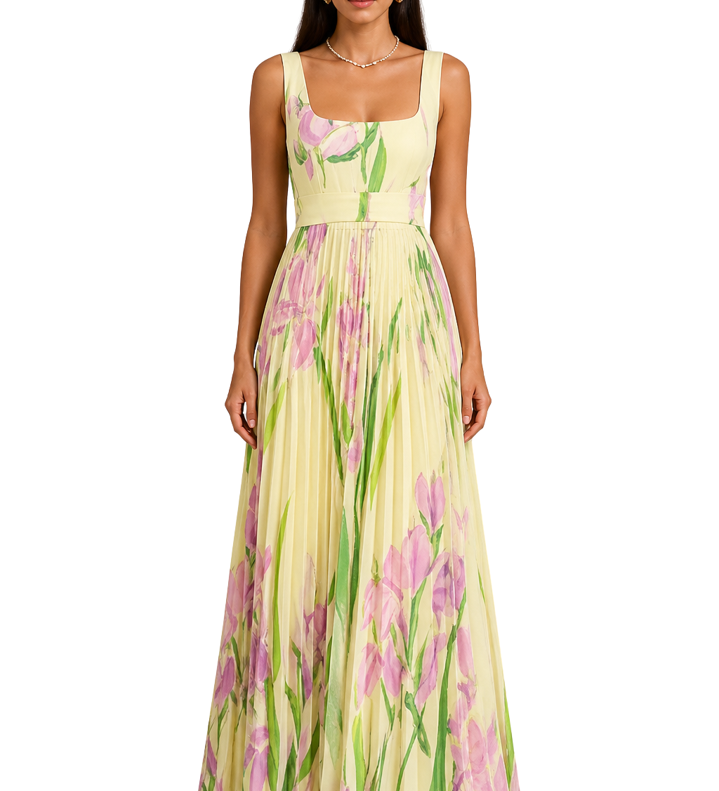 Genevieve | Vestido maxi de invitada de boda con cuello cuadrado plisado para mujer