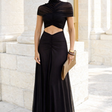 Sable | Vestido de invitada de boda maxi negro con escote alto y fruncido para mujer