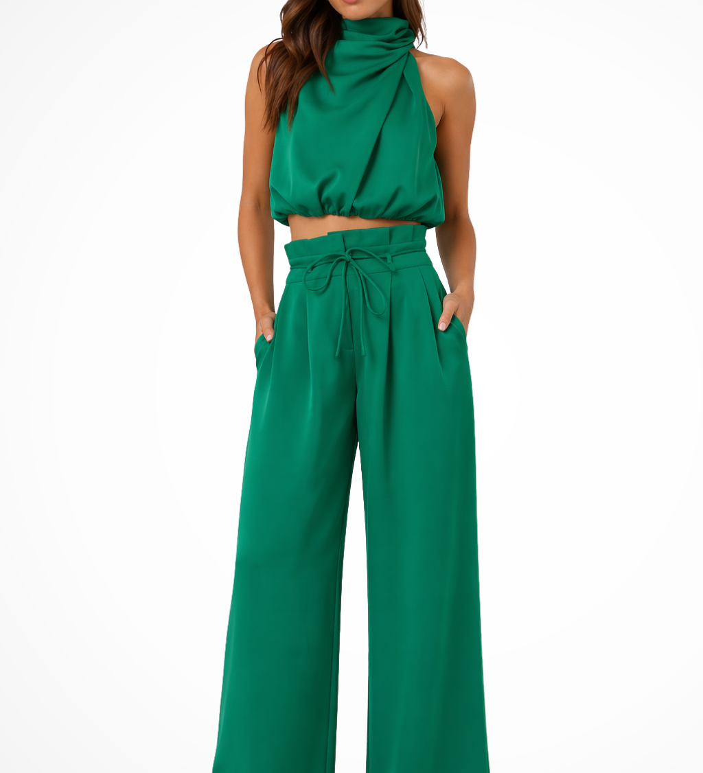 Theodora | Conjunto de Top Corto de Cuello Halter y Pantalones de Pierna Ancha para Invitadas de Boda