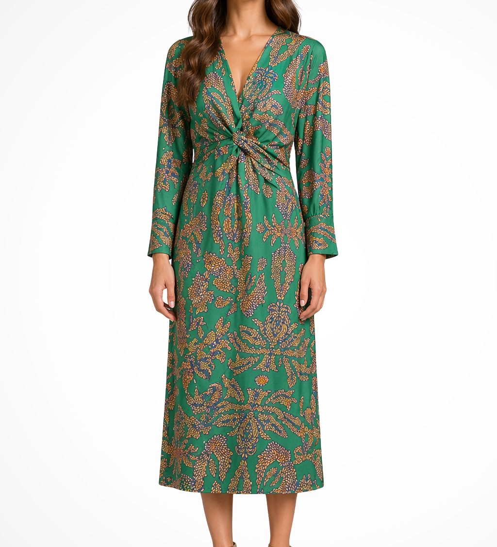 Persefone | Vestido Midi de Invitada de Boda con Mangas Largas y Estampado en V