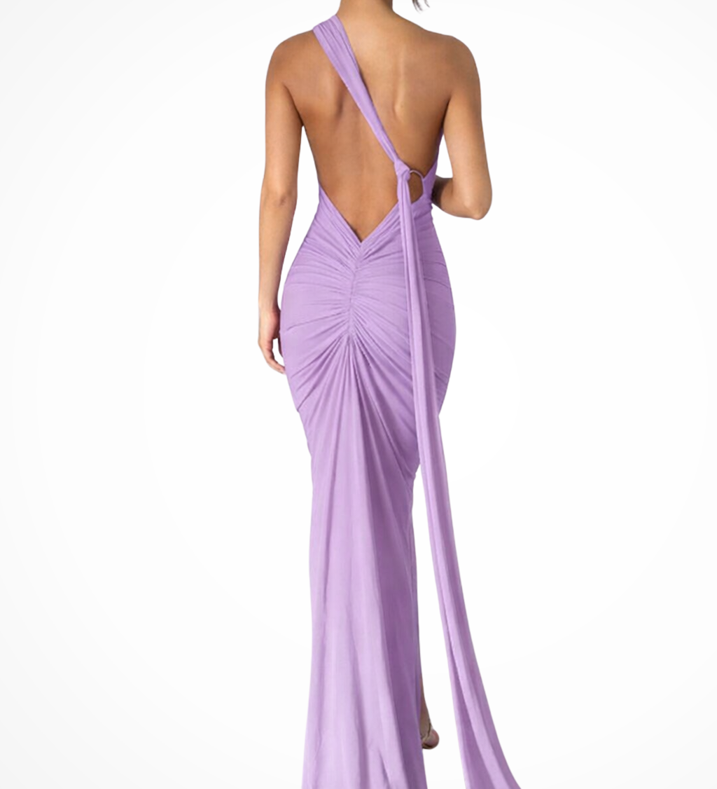 Floriana | Vestido maxi de competición de un solo hombro con espalda abierta y fruncido para mujeres