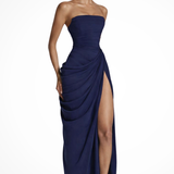Evangeline | Vestido maxi de verano para invitadas de boda sin hombros y drapeado