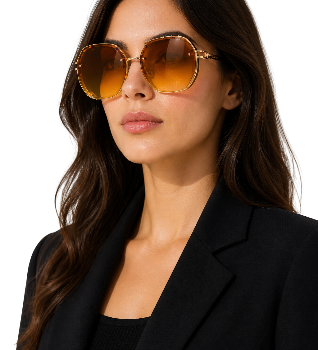 Saoirse | Gafas de Sol Geométricas Oversized para Mujeres con Montura Dorada y Lente Ámbar