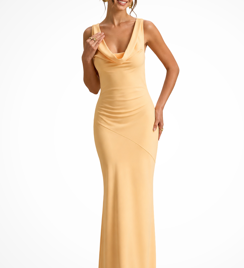 Isadora | Vestido maxi de satén para mujeres con cuello drapeado para invitados de boda