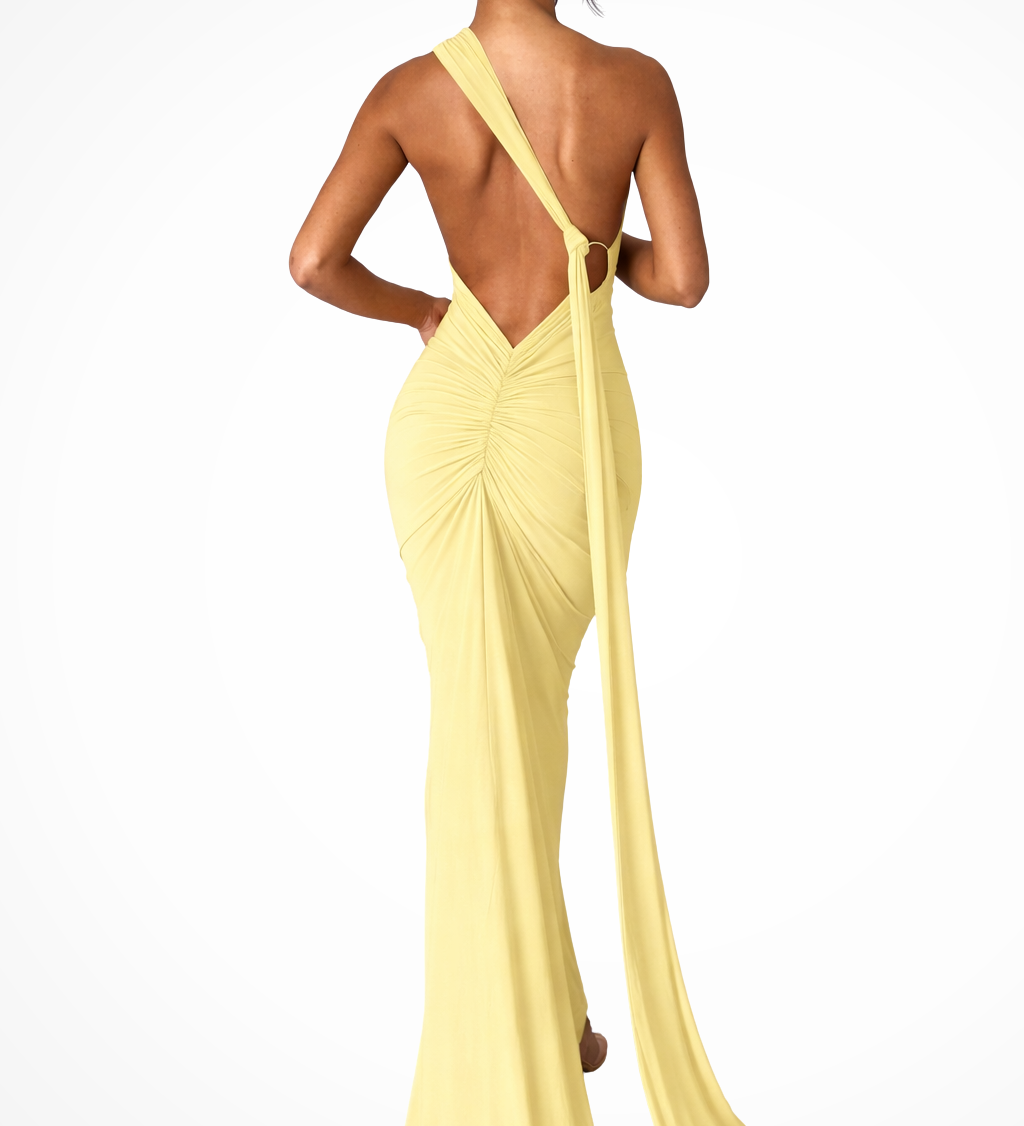 Floriana | Vestido maxi de competición de un solo hombro con espalda abierta y fruncido para mujeres