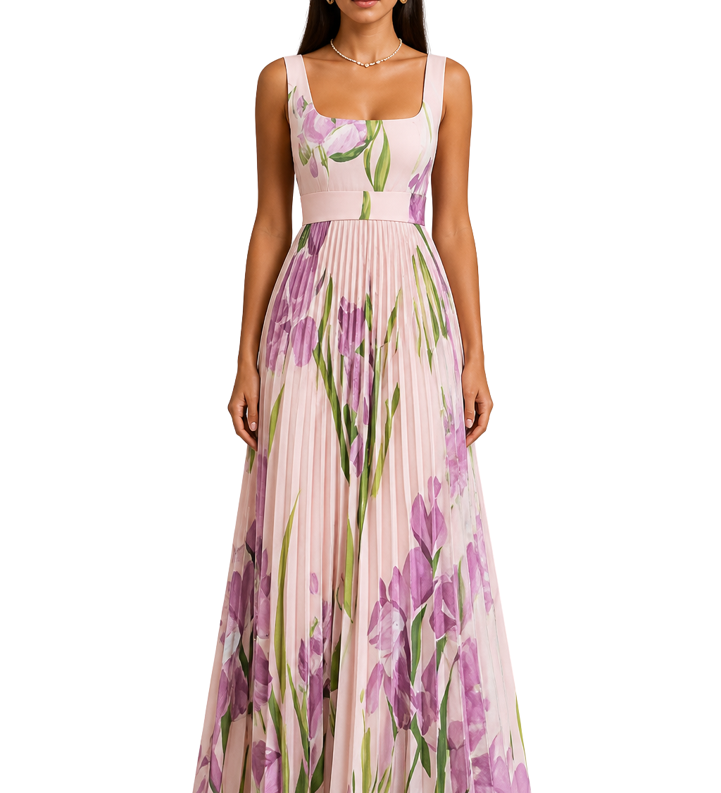 Genevieve | Vestido Maxi de Flores Plisado con Escote Cuadrado para Invitadas de Boda