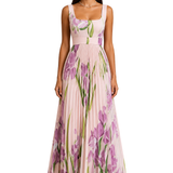 Genevieve | Vestido Maxi de Flores Plisado con Escote Cuadrado para Invitadas de Boda