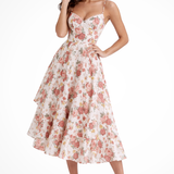 Joanna | Vestido midi de flores con corsé para invitadas de boda