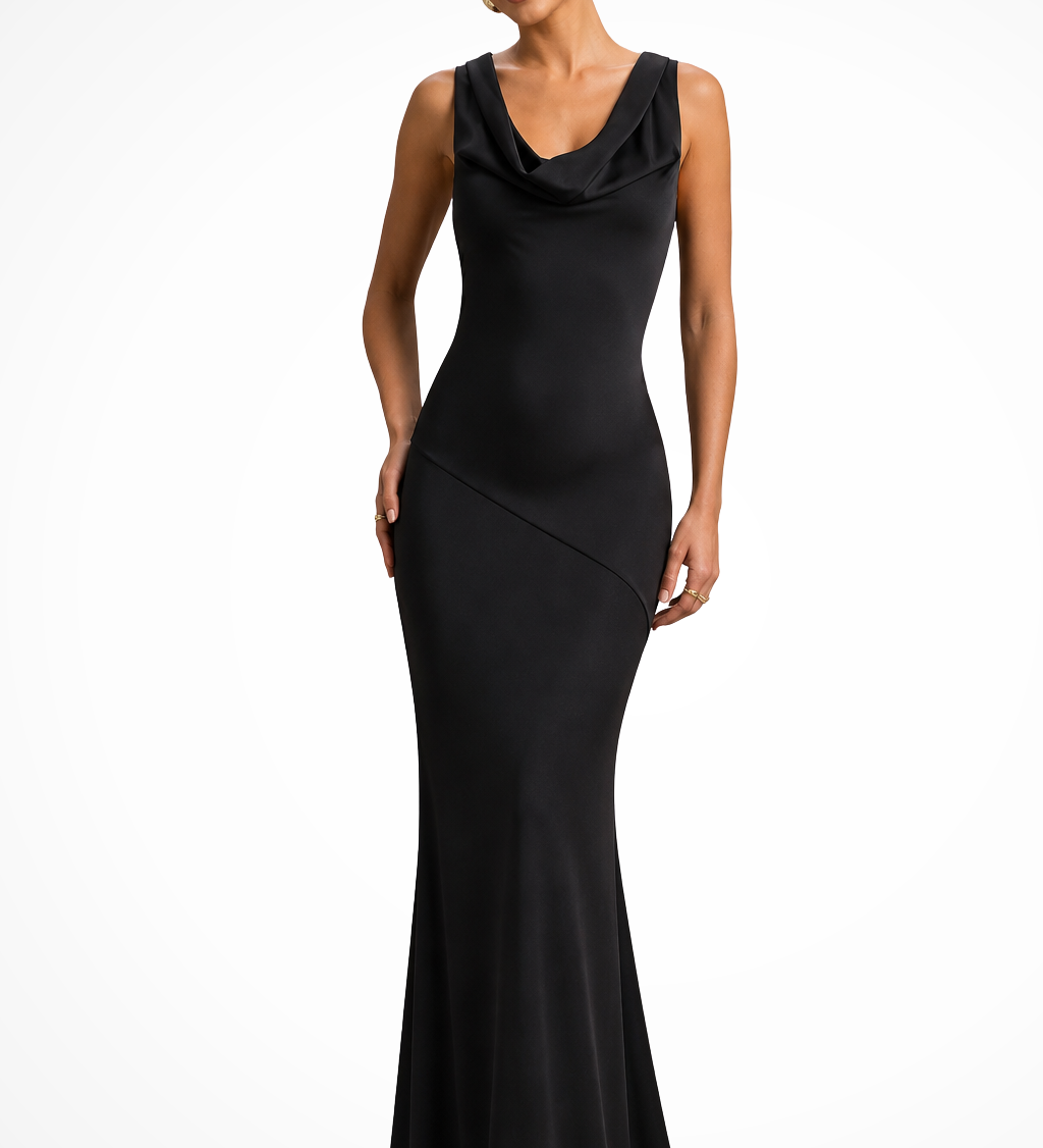Isadora | Vestido Maxi Ajustado de Satén con Cuello Halter para Invitadas de Boda