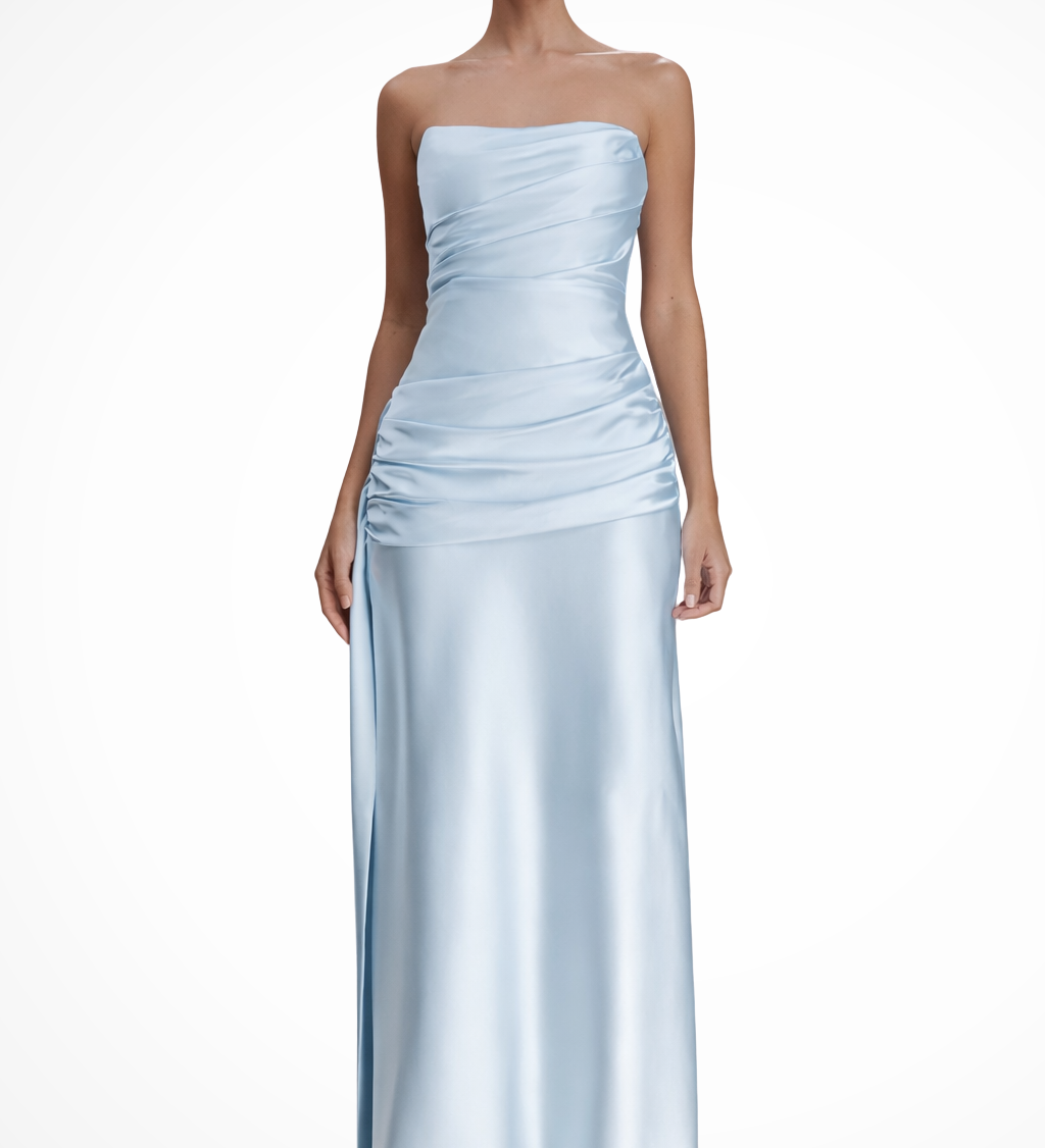 Serena | Vestido largo de satén con fruncidos sin mangas para invitadas de boda
