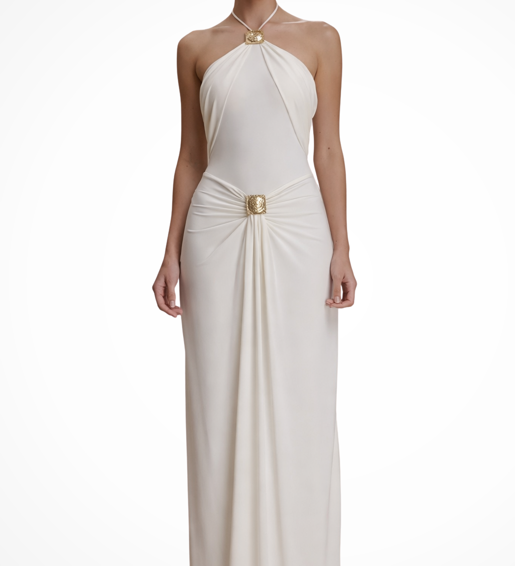 Celestine | Vestido maxi de verano para invitadas de boda con espalda abierta y cuello halter