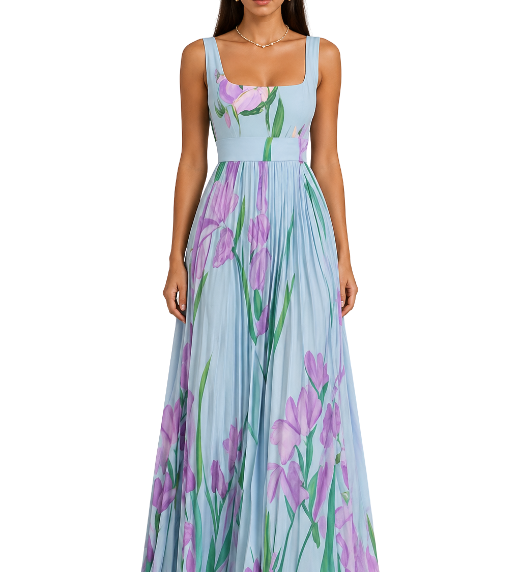 Genevieve | Vestido Maxi de Flores Plisado con Escote Cuadrado para Invitadas de Boda