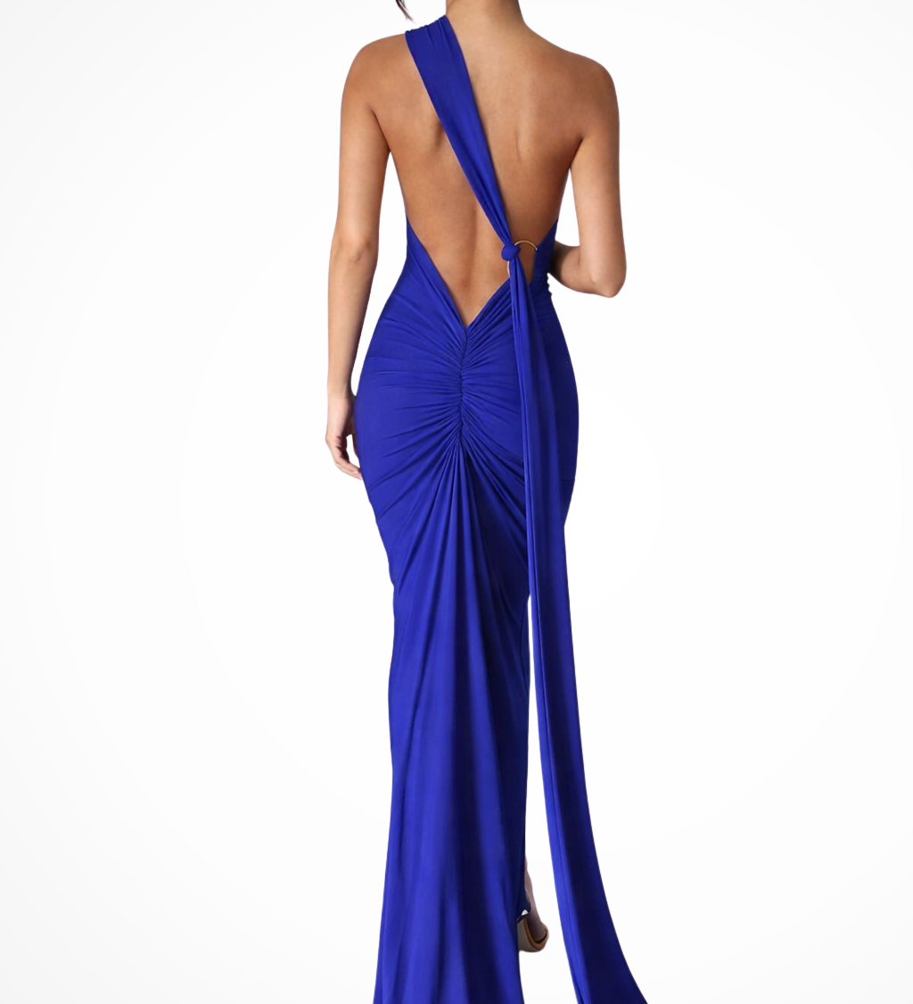 Floriana | Vestido maxi de competición de un solo hombro con espalda abierta y fruncido para mujeres
