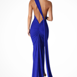 Floriana | Vestido maxi de competición de un solo hombro con espalda abierta y fruncido para mujeres