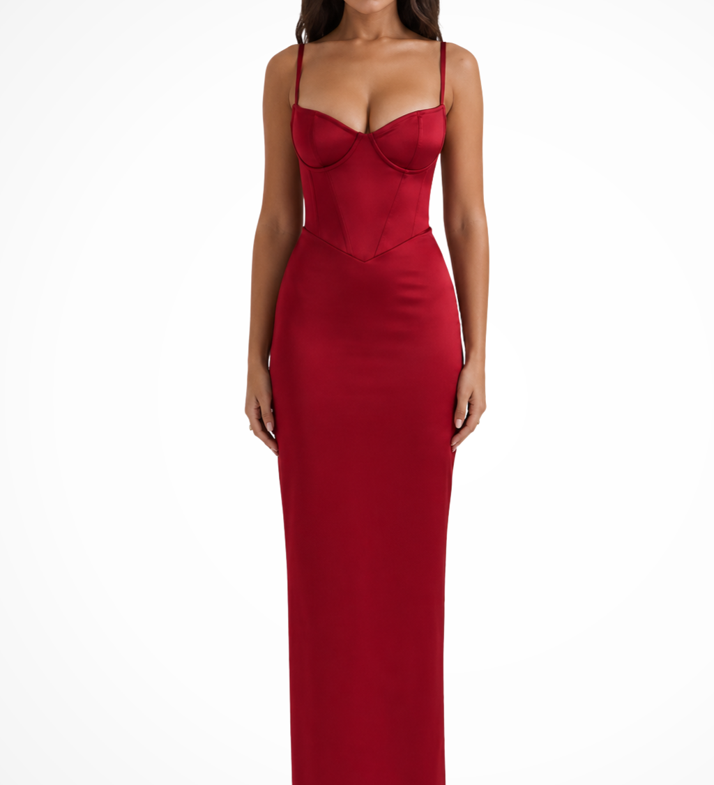 Mirabel | Vestido Maxi de Satén con Corsé de Encaje Sweetheart para Mujeres