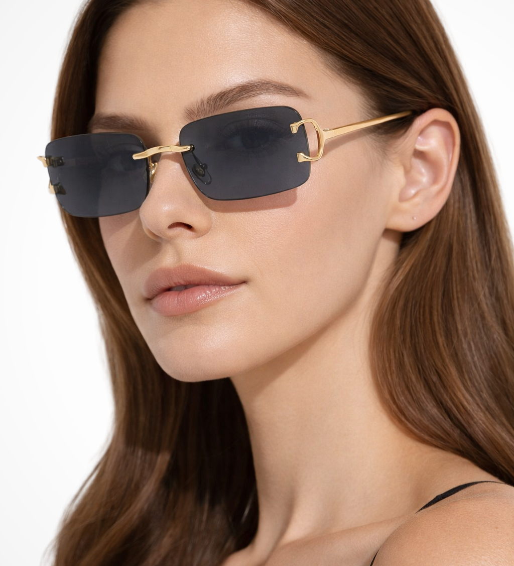 Harlow | Gafas de sol de mujer sin montura en forma rectangular con lentes tintados dorados