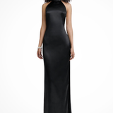 Seraphine | Vestido maxi de invitada de boda con detalle de cadena en la parte posterior abierta y cuello halter alto para mujer