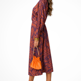 Persefone | Vestido Midi de Invitada de Boda con Mangas Largas y Estampado en V