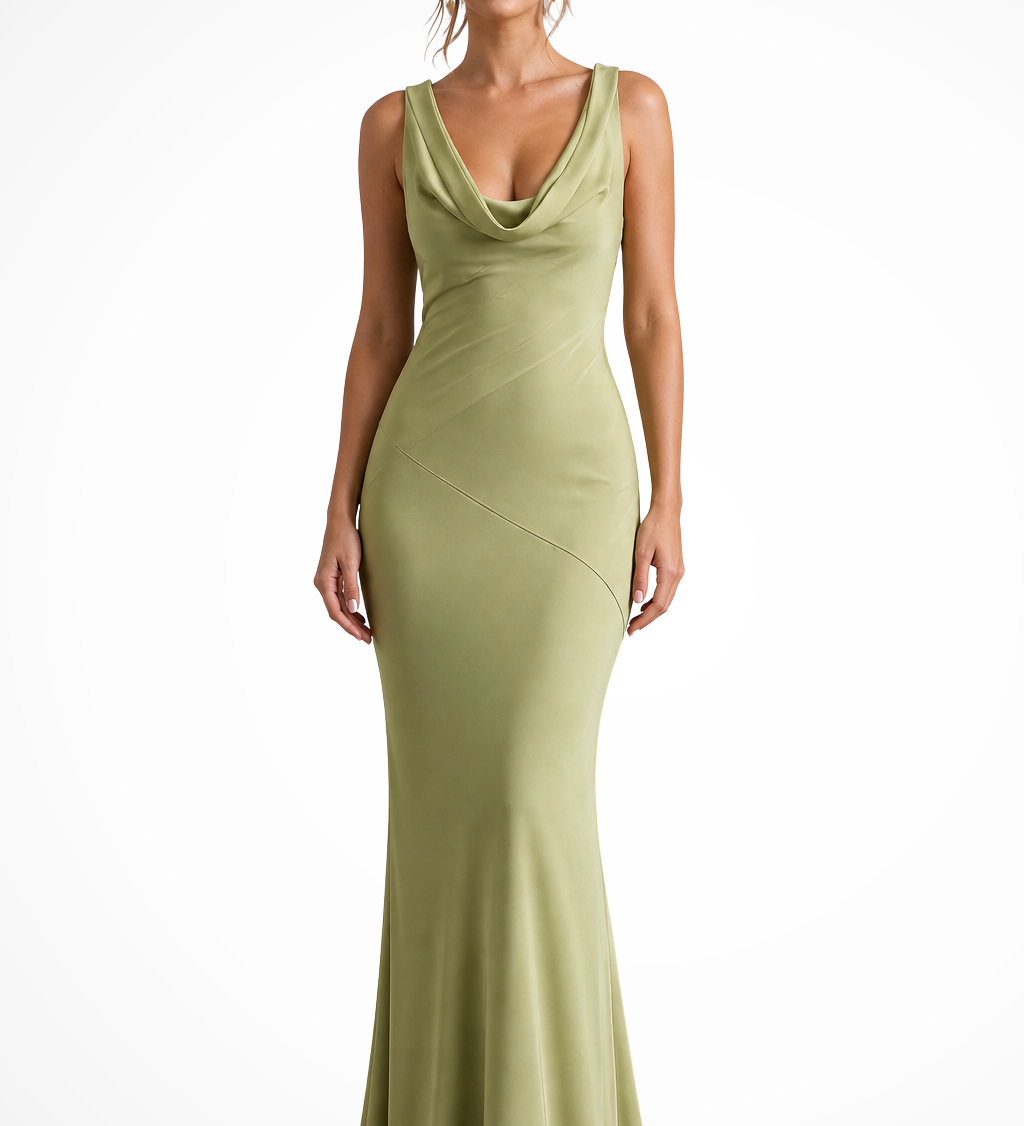 Isadora | Vestido Maxi Ajustado de Satén con Cuello Halter para Invitadas de Boda