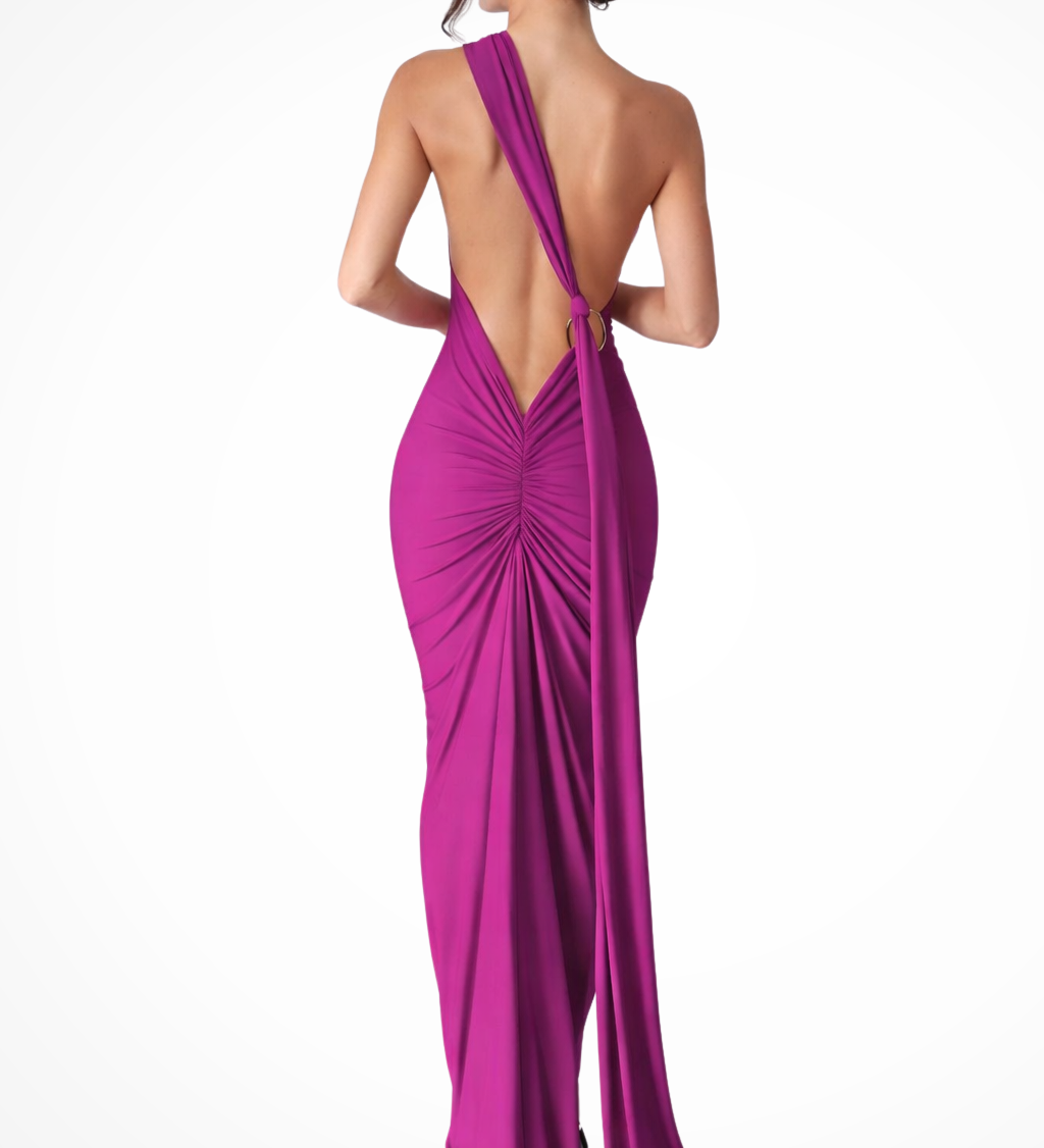 Floriana | Vestido maxi de competición de un solo hombro con espalda abierta y fruncido para mujeres