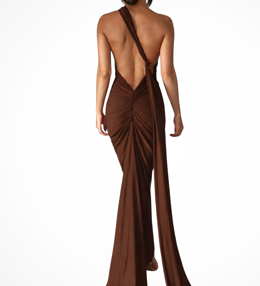 Floriana | Vestido maxi de competición de un solo hombro con espalda abierta y fruncido para mujeres