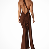 Floriana | Vestido maxi de competición de un solo hombro con espalda abierta y fruncido para mujeres