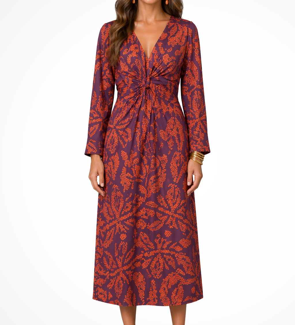 Persefone | Vestido Midi de Invitada de Boda con Mangas Largas y Estampado en V