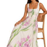 Genevieve | Vestido Maxi de Flores Plisado con Escote Cuadrado para Invitadas de Boda