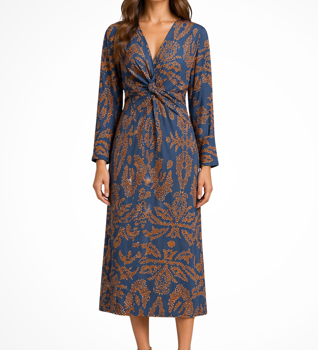 Persefone | Vestido Midi Envoltura Impresa de Cuello en V con Mangas Largas para Mujer