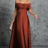 Lauren | Vestido Maxi de Mujer con Escote en los Hombros, Nudo Torcido y Satén Plisado