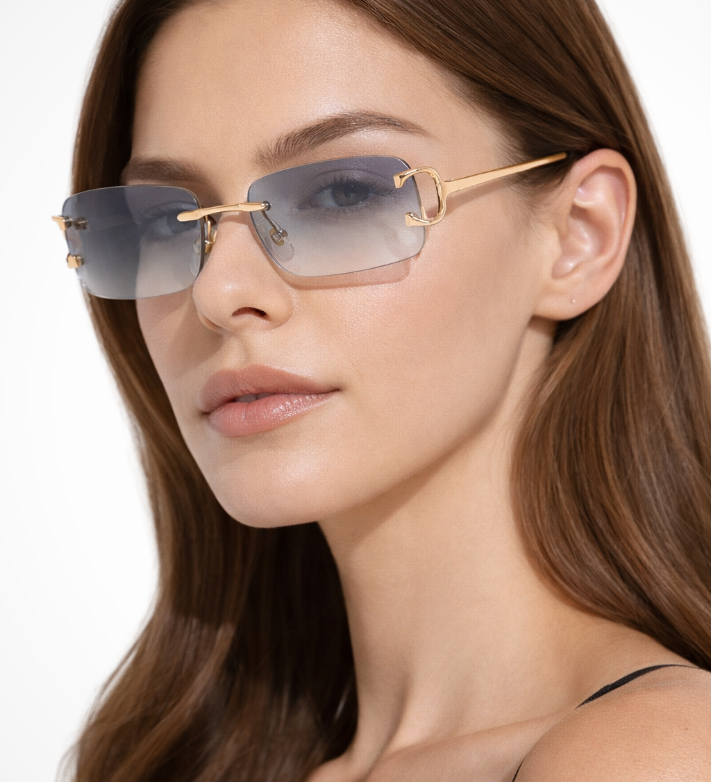 Harlow | Gafas de sol de mujer sin montura en forma rectangular con lentes tintados dorados