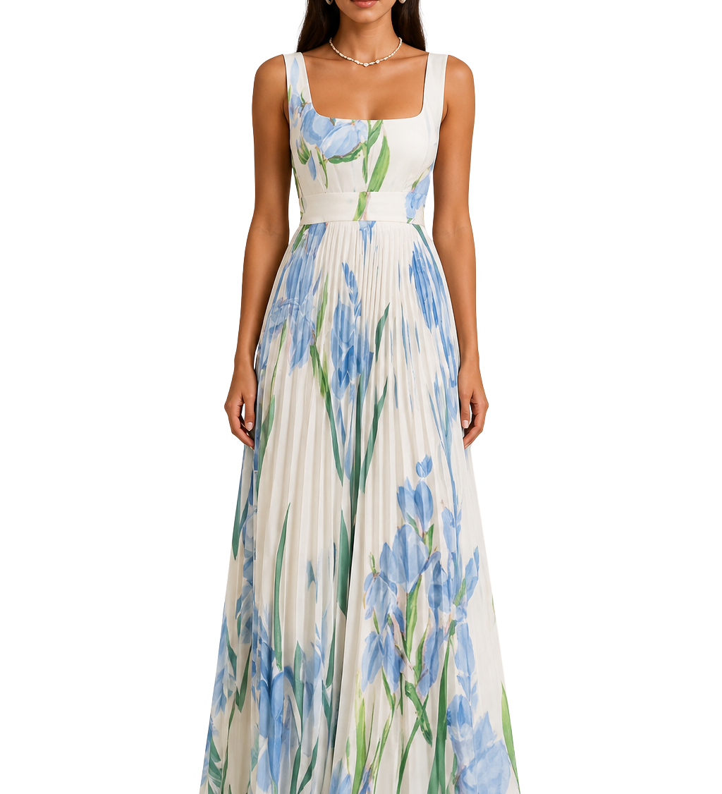 Genevieve | Vestido Maxi de Flores Plisado con Escote Cuadrado para Invitadas de Boda