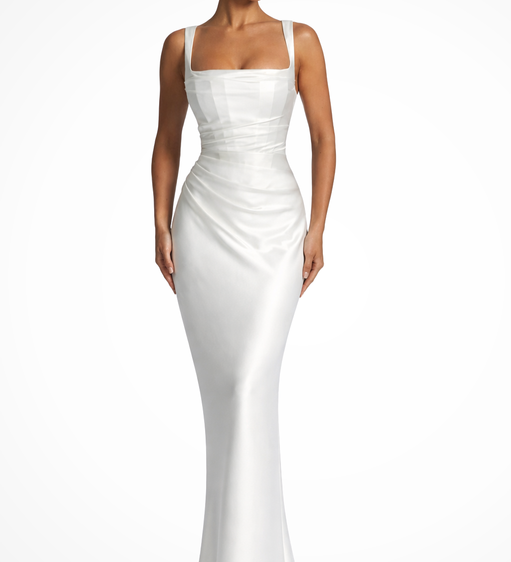 Vivienne | Vestido largo de satén con escote cuadrado y fruncidos para invitadas de boda