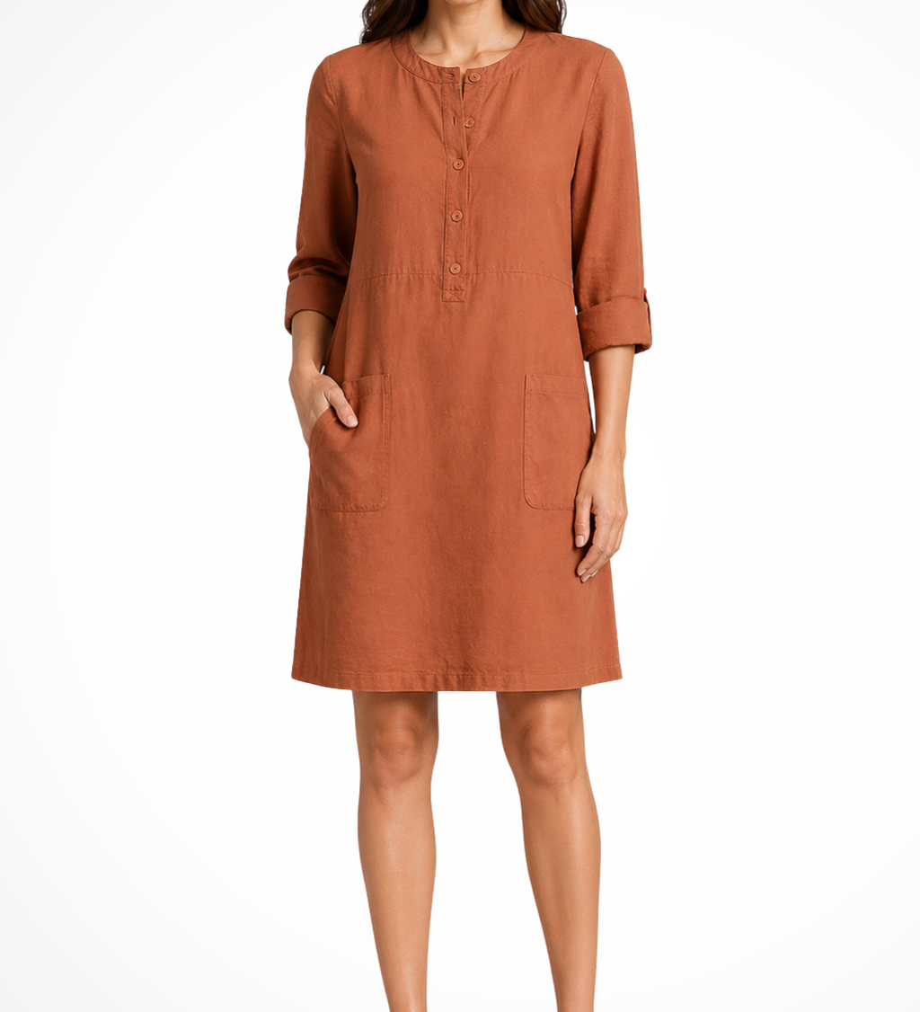 Claudette | Vestido de camisa de lino para mujer con mangas largas y bolsillos frontales