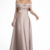 Lauren | Vestido Maxi de Mujer con Escote en los Hombros, Nudo Torcido y Satén Plisado