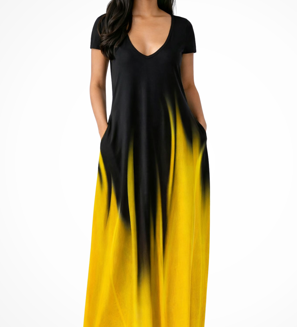 Lenora | Vestido maxi de mujer con cuello en V y mangas cortas ombre