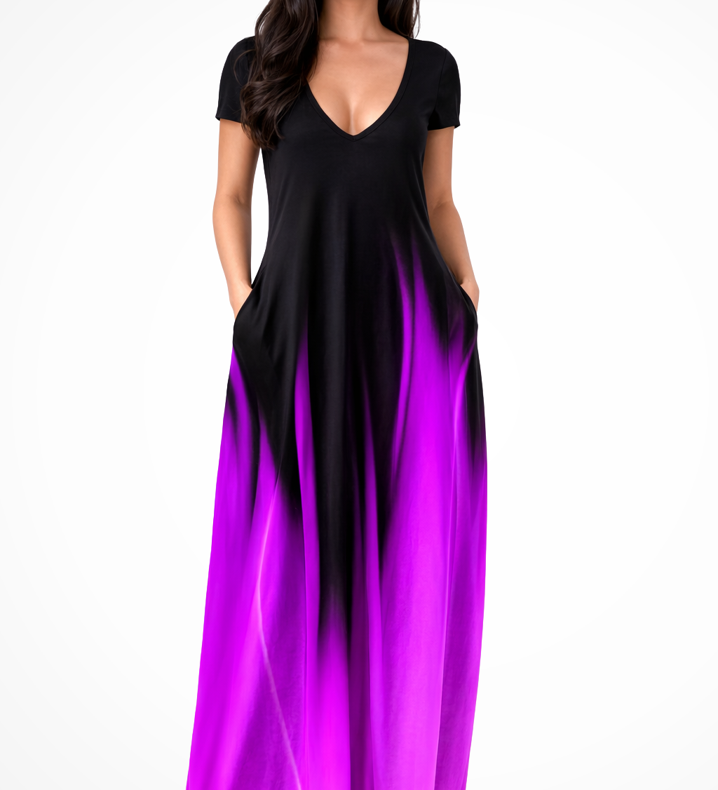 Lenora | Vestido maxi de mujer con cuello en V y mangas cortas ombre