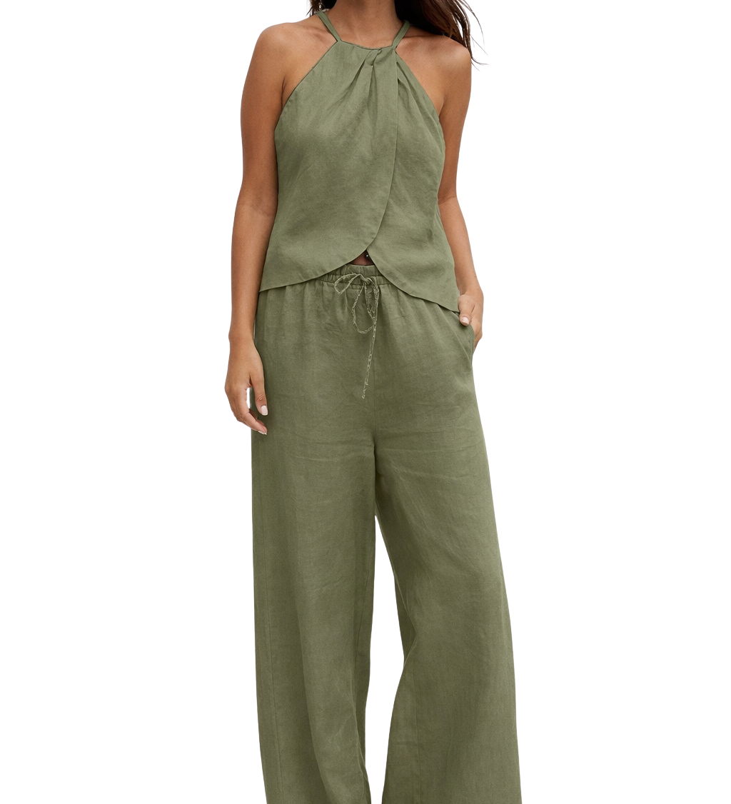 Amy | Conjunto de Verano para Mujeres: Top Halter y Pantalones de Pierna Ancha