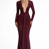 Margot | Vestido de invitada de boda maxi ajustado con mangas largas y escote en V profundo