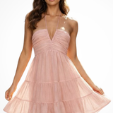 Romilly | Vestido mini de cuello halter en V para mujer con volantes