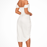 Maddy | Vestido de Mujer con Hombros Descubiertos, Invitada de Boda, Longitud Midi con Corte Lateral