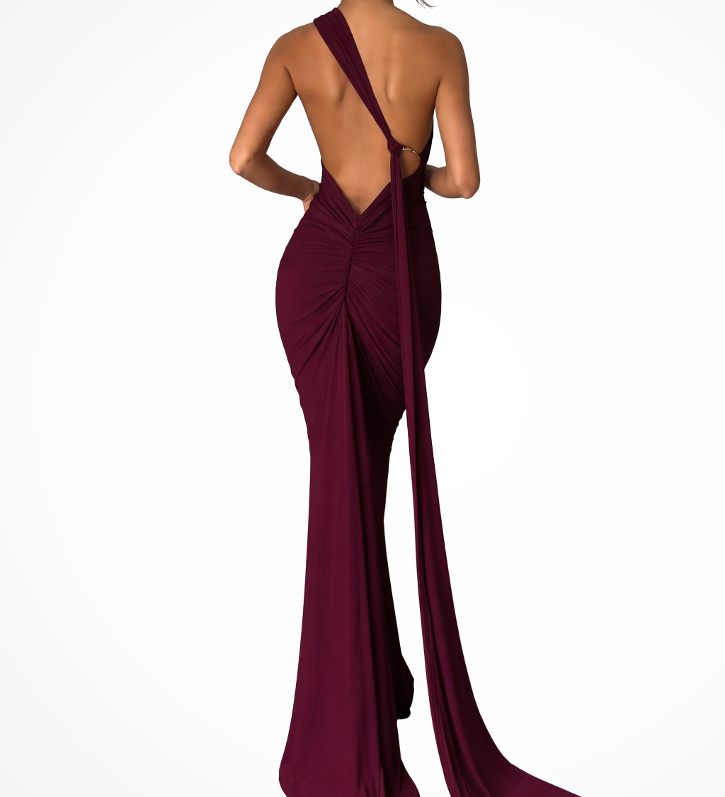 Floriana | Vestido maxi de competición de un solo hombro con espalda abierta y fruncido para mujeres
