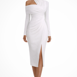 Delphina | Vestido midi de invitada de boda asimétrico de un solo hombro para mujer