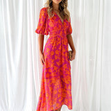Katy™ – Vestido midi elegante con mangas abullonadas y patrón floral