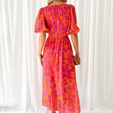 Katy™ – Vestido midi elegante con mangas abullonadas y patrón floral